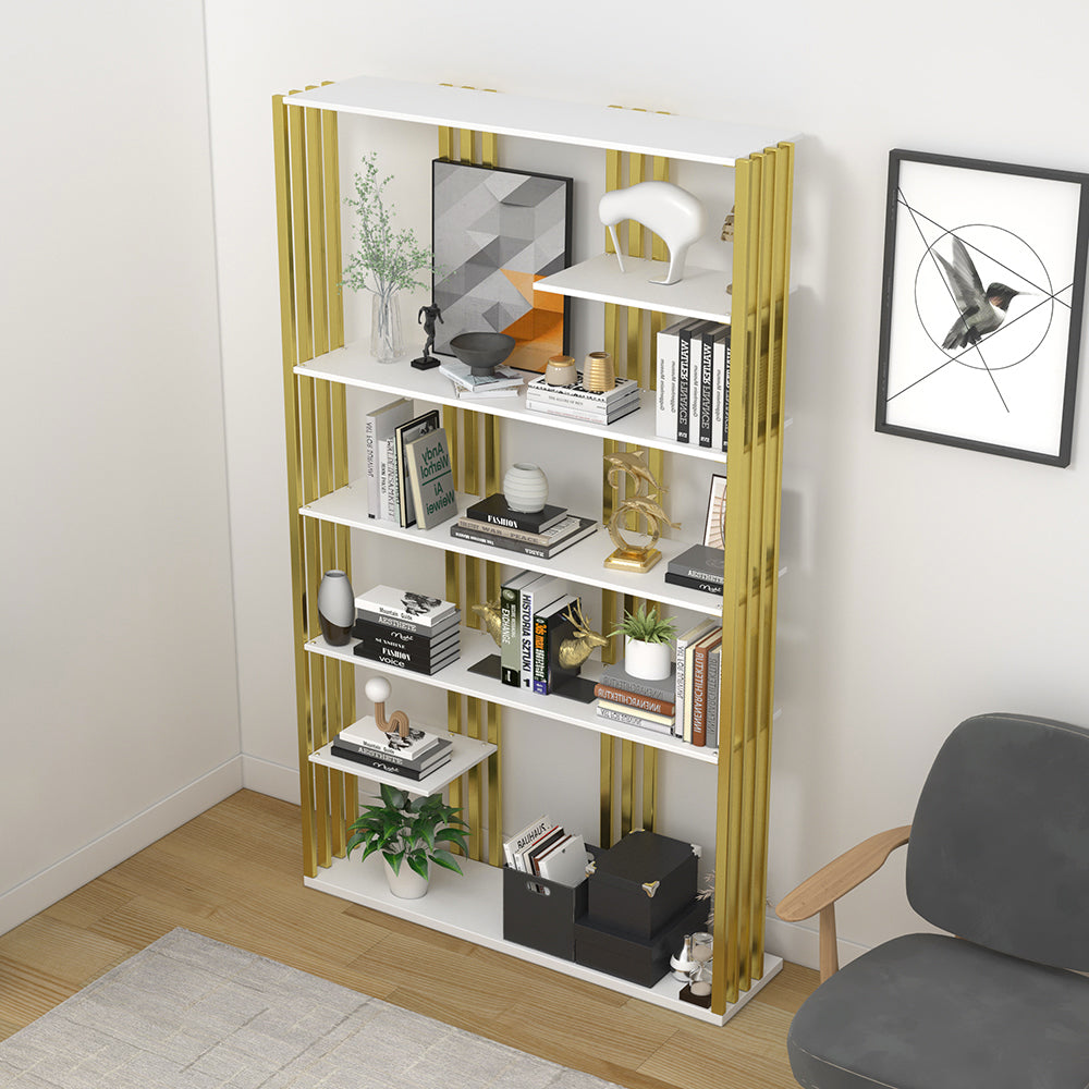 2000mm Modern Steel Etagere Bookshelf Display Shelving 6-Shelf Tall Book Shelf White & Gold