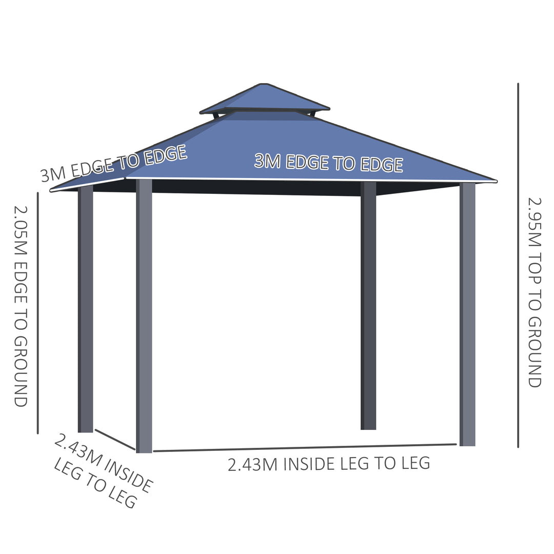 3 x 3(m) Polycarbonate Hardtop Gazebo Canopy with Double-Tier Roof and Aluminium Frame