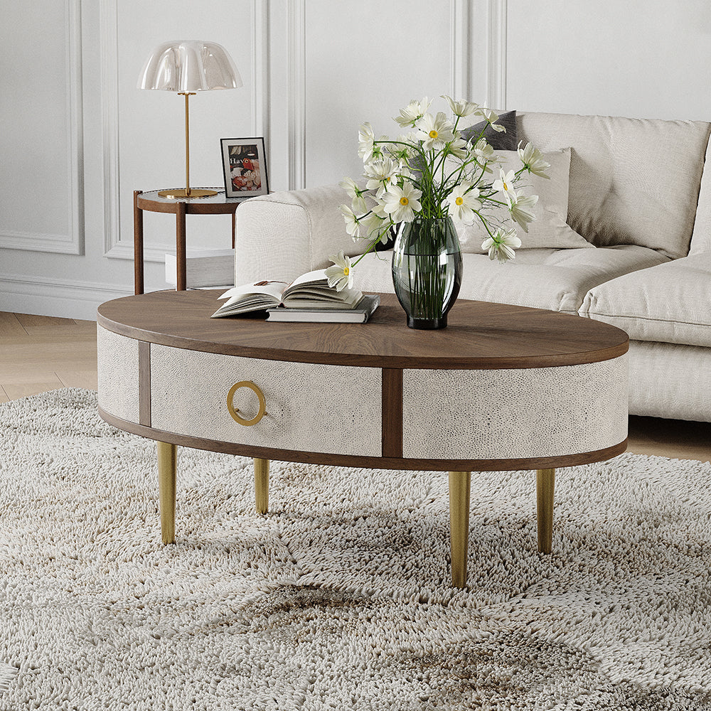 Mid Century Modern Shagreen Oval Coffee Table in Walnut & Grey & Gold with Storage