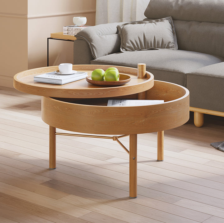 Modern Round Wood Rotating Tray Coffee Table with Storage & Metal Legs in Natural