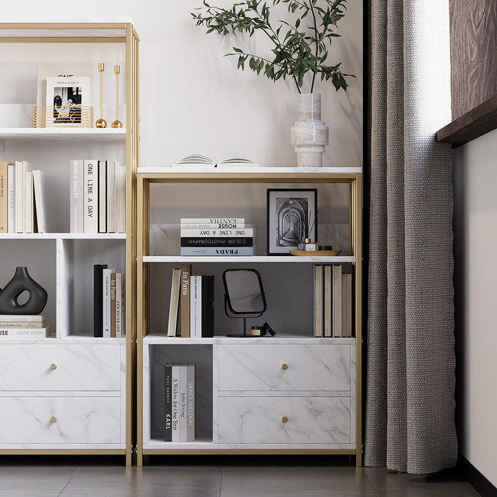 Modern White Bookshelf Wood Book Shelf with 2 Drawers & Ample Open Storage in Gold Metal Frame