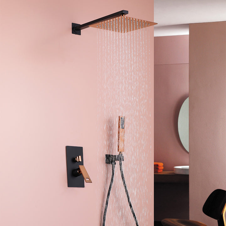 Wall-Mount Shower Set 250mm Rainfall Shower Head with Hand Shower Black & Rose Gold