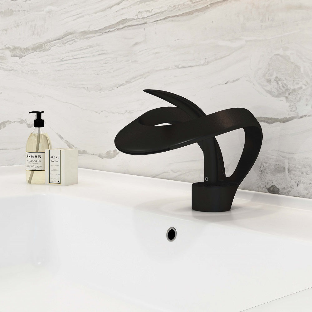 Modern Elegant Waterfall Bathroom Basin Tap Single Lever Handle Solid Brass in Black