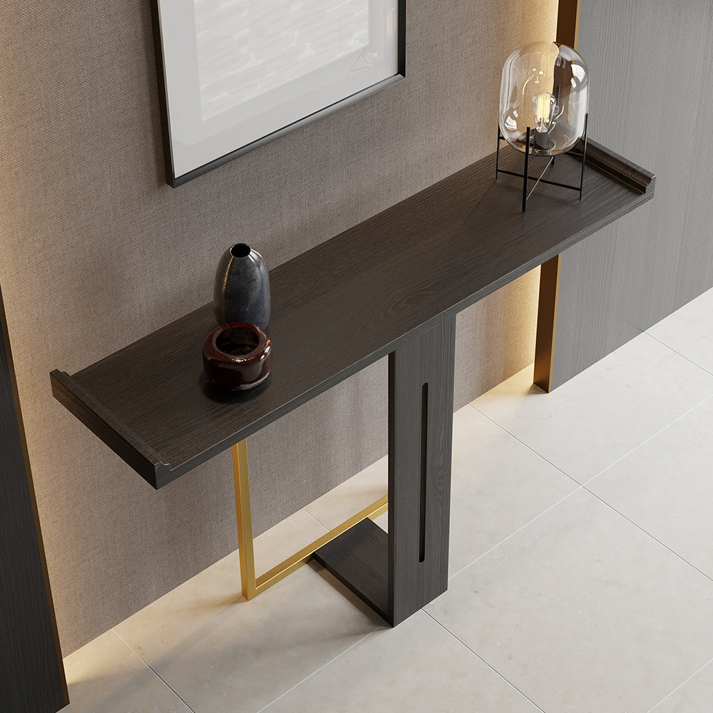 1000mm Narrow Console Table for Hallway Foyer Black Solid Wood & Gold Metal in Small