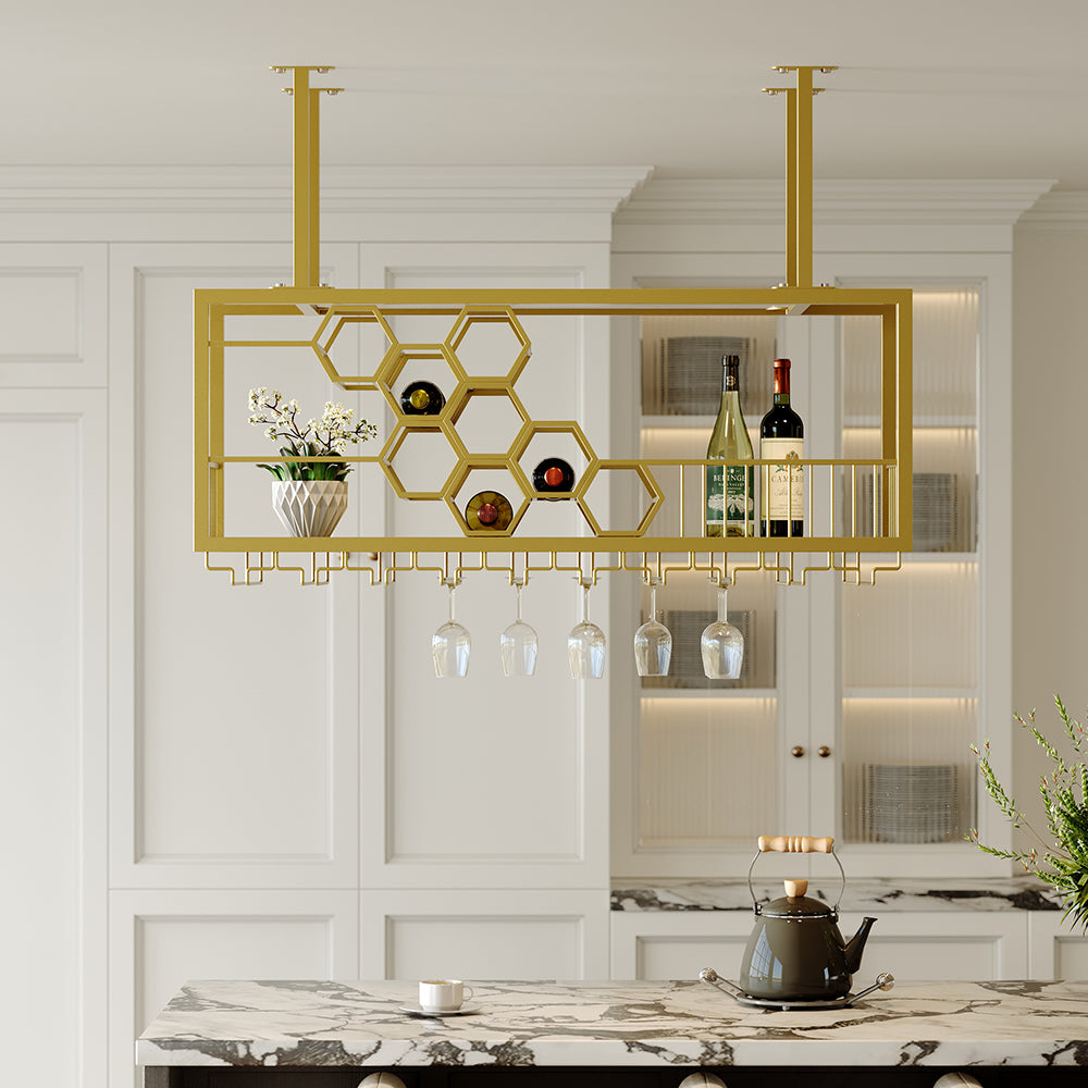 970mm Metal Hanging Wine Rack Golden Bar Shelf Floating Wine Glass Holder