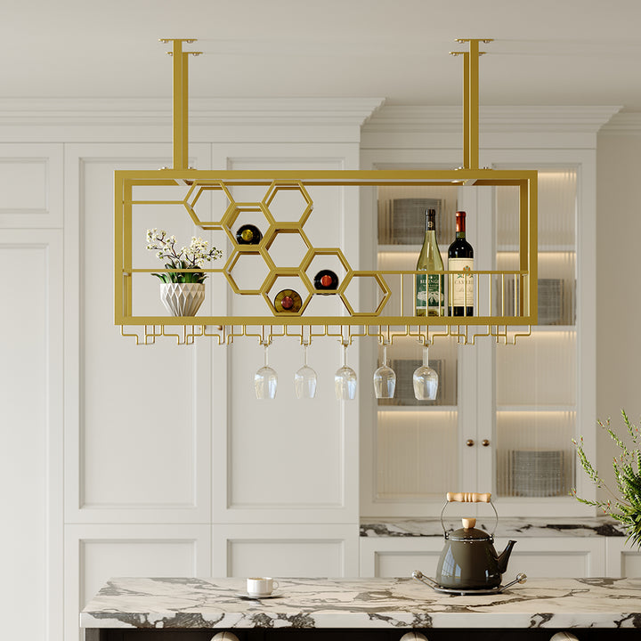 970mm Metal Hanging Wine Rack Golden Bar Shelf Floating Wine Glass Holder