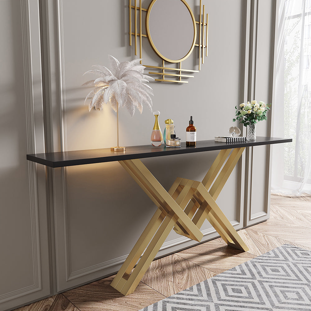 1800mm Black & Gold Narrow Console Table Accent Table For Hallway X Base Metal