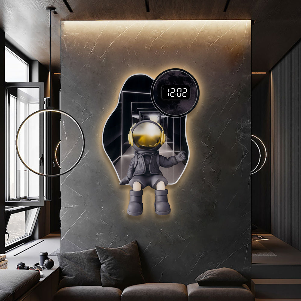 600mm LED Digital Astronaut Wall Clock Spaceman Decor Art Living Room Bedroom in Black