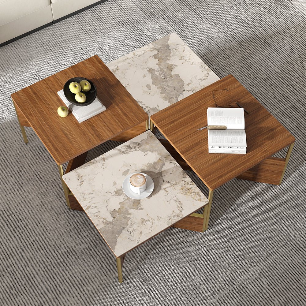 Square Modern Sintered Stone Coffee Table Walnut Veneer Coffee Table in Gold Frame