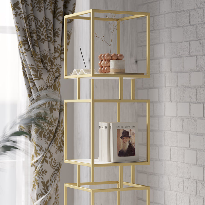 4-Tier Modern Simple Gold Cube Bookcase with Metal Tower Display Tall Wooden Bookshelf