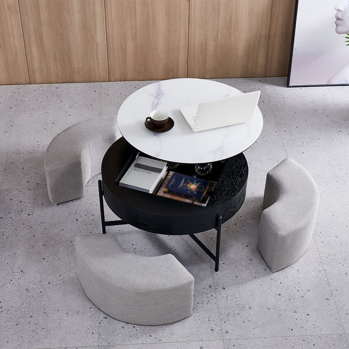 Round Lift-Top Coffee Table with Storage White & Black without Stools