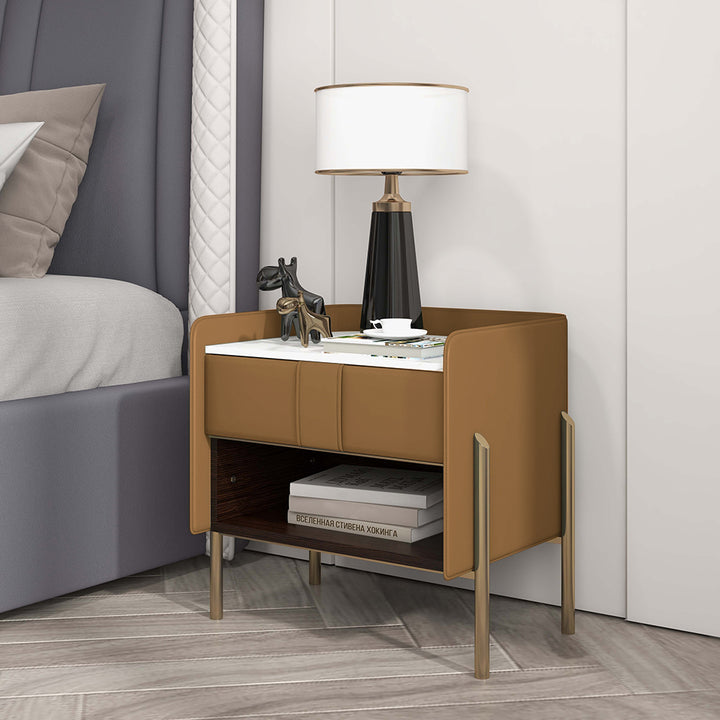 Modern Orange Nightstand Sintered Stone Top Bedside Table with Charger & Light