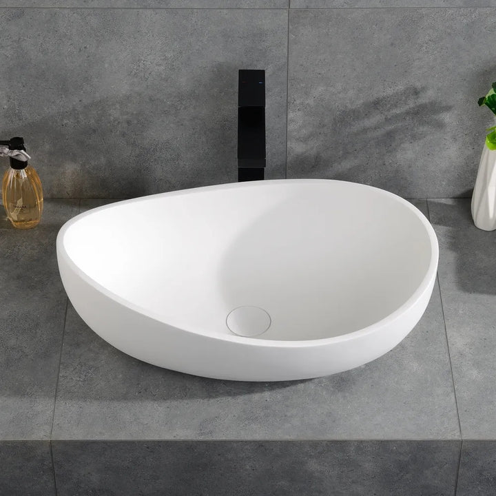 Bathroom Stone Resin Oval Counter Top Basin Glossy White with Pop Up Waste