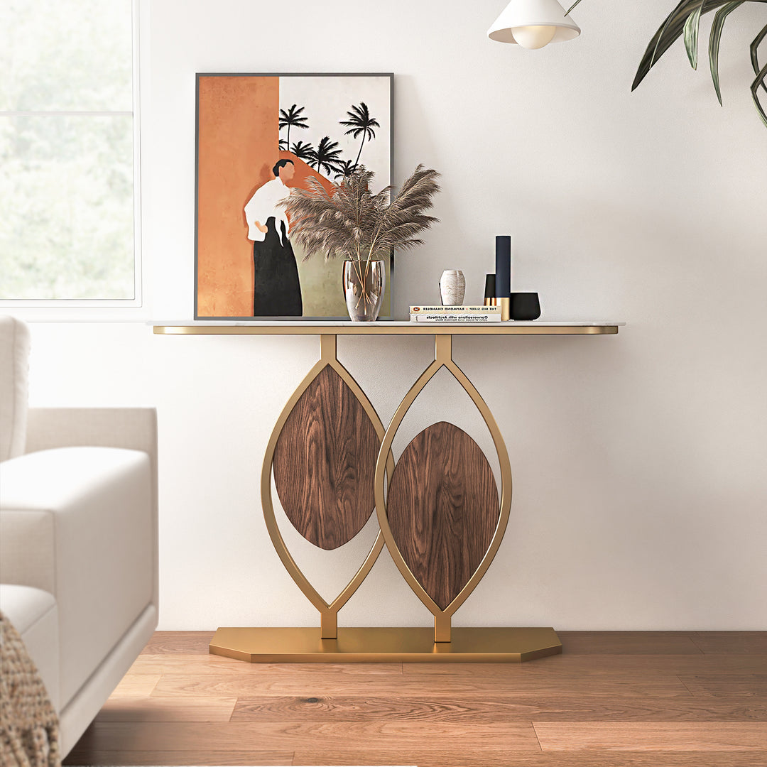 1000mm White Console Table Wooden Accent Table For Entryway with Sintered Stone Top & Abstract Base in Rose Gold & Walnut Finish