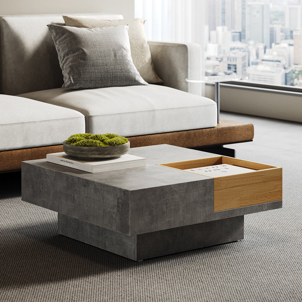 700mm Japandi Wooden Square Coffee Table with Open Storage Concrete Grey & Natural