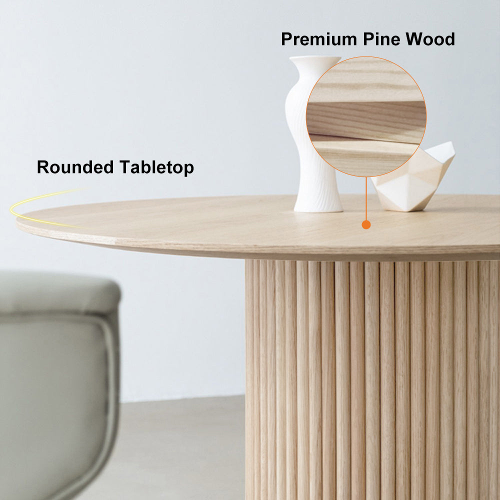 Round Dining Table Wood with Pedestal Base for 4 Person Japandi Whitewash