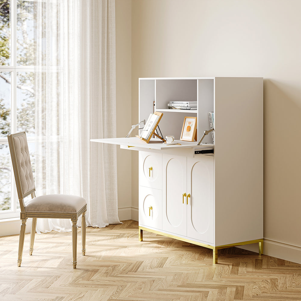 1000mm Modern White & Gold Secretary Desk with 3 Drawers and 3 Doors Flip Design