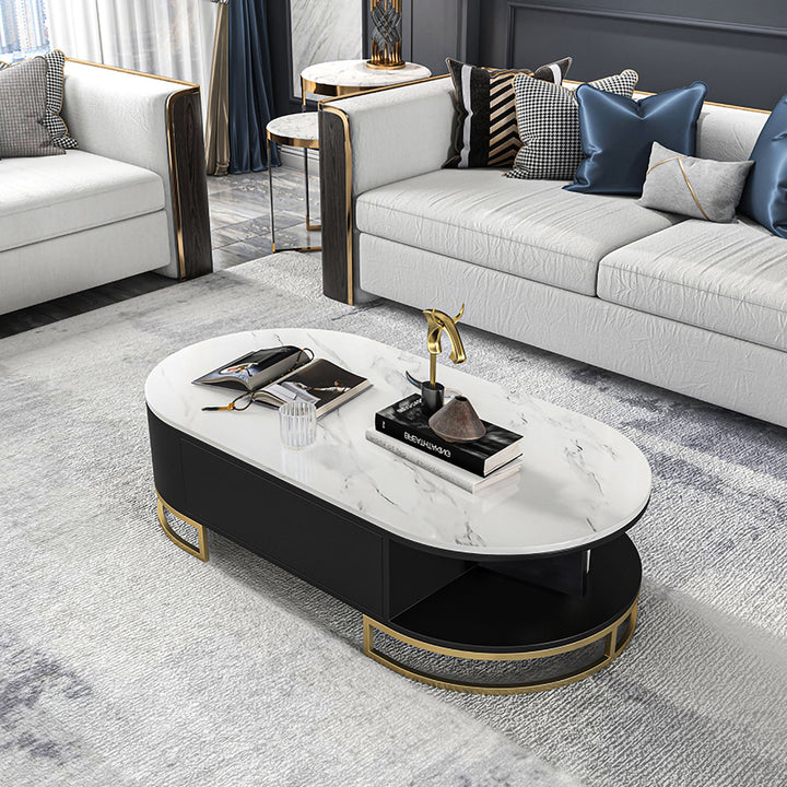 Modern White Oval Storage Coffee Table with Drawers & Shelf Sintered Stone Gold Base