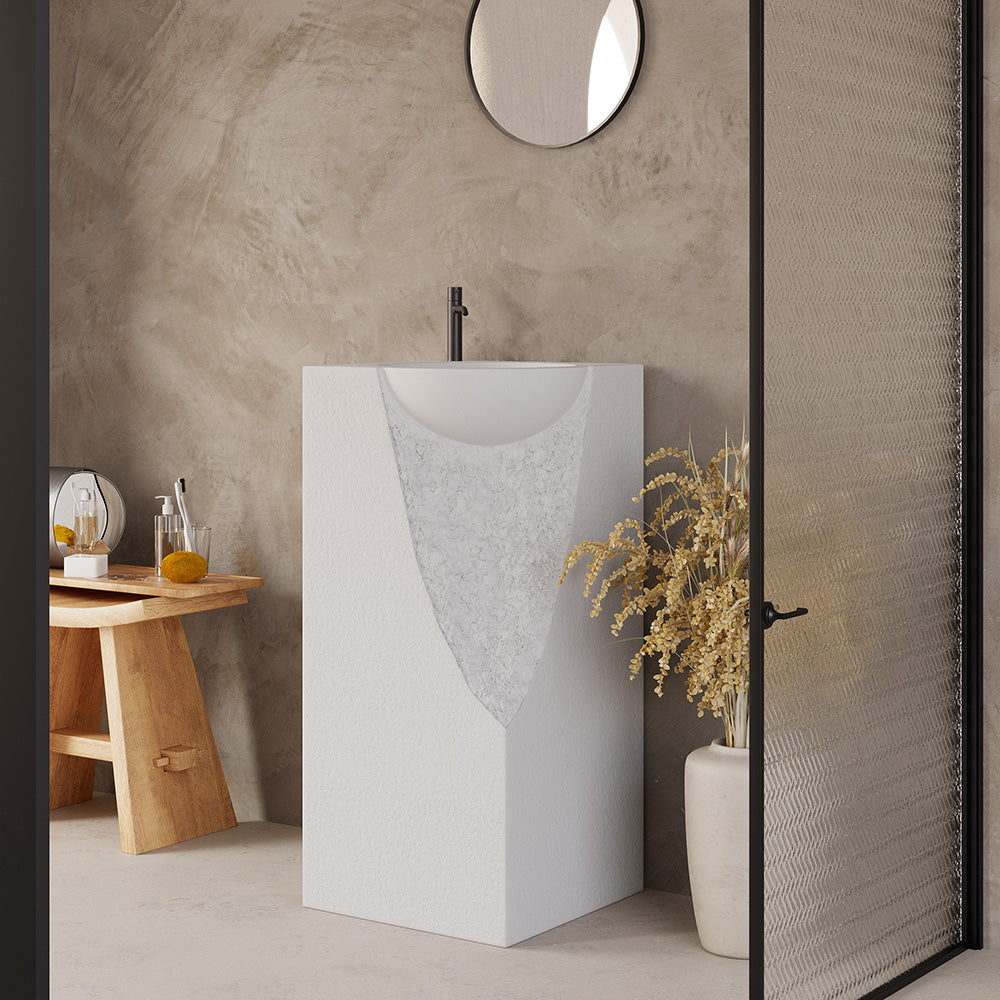 870mm Japandi Tall Stone Resin Pedestal Basin with Rounded Basin Freestanding in White