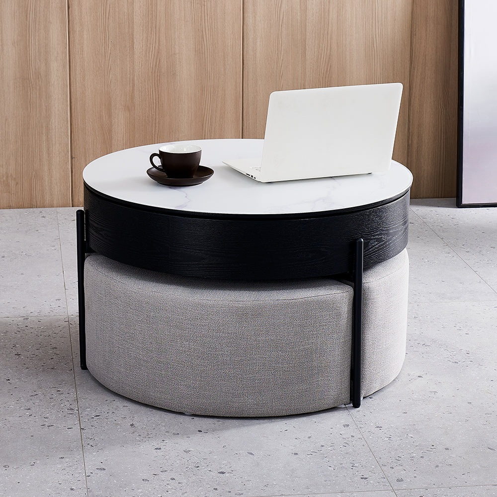 Modern Round Lift-Top Coffee Table with Storage & 3 Ottoman White & Black