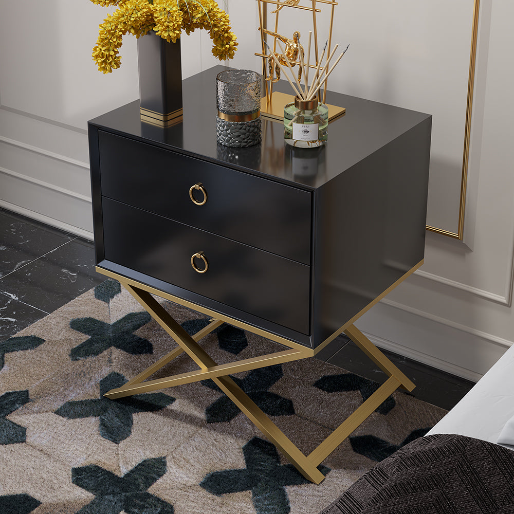 500mm Modern Black Bedside Table with 2 Drawers X-Shaped Pedestal