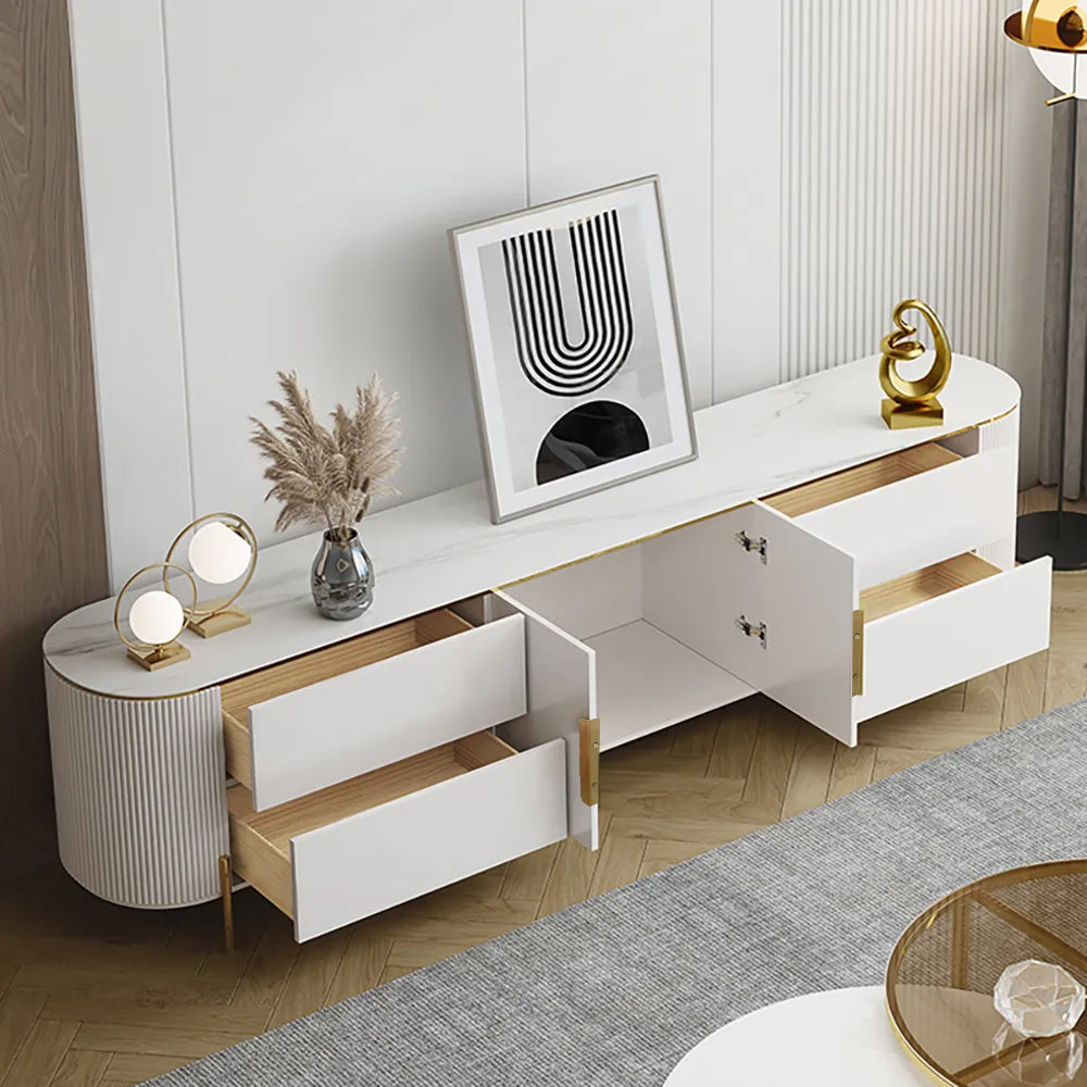 2200mm Modern Elegant Oval TV Console with Drawers & Doors in White