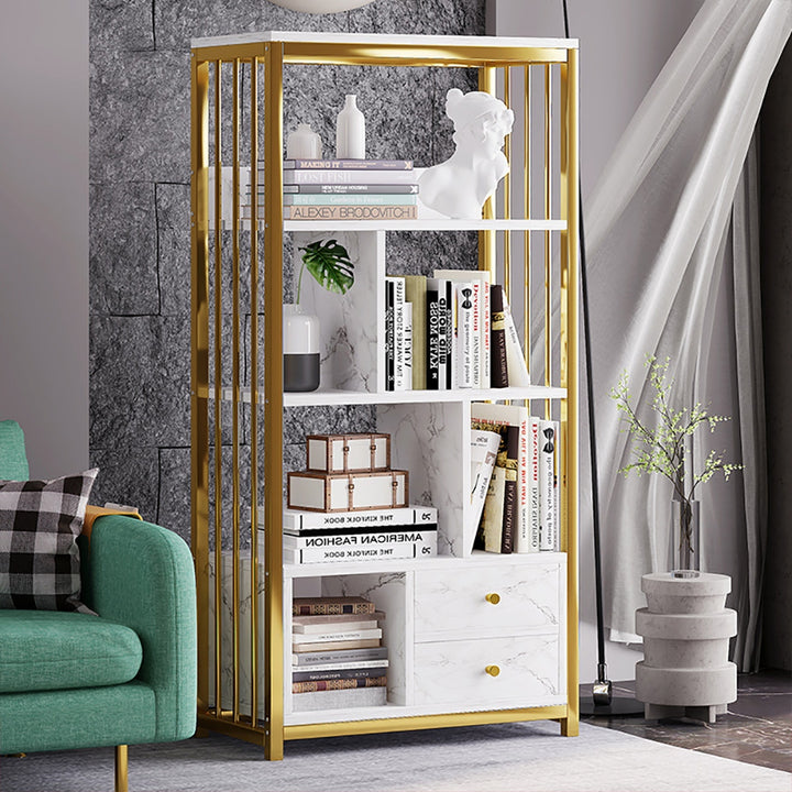 Modern White Bookshelf Wood Book Shelf with 2 Drawers & Ample Open Storage in Gold Metal Frame