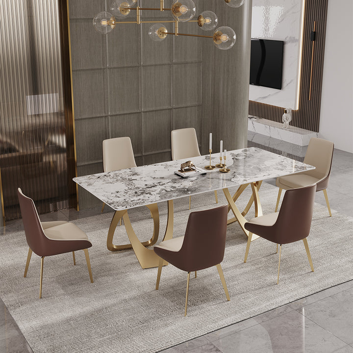 79" Rectangle Dining Table Faux Marble Top in Gold for 8 Seaters Modern