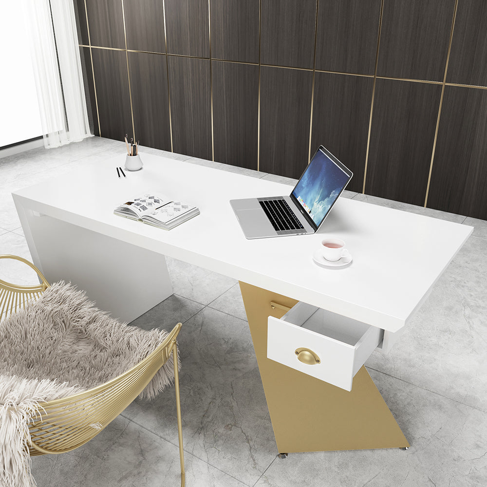 Cabstract Modern White & Gold Office Desk Writing Desk with Drawer Computer Desk (1600mm)