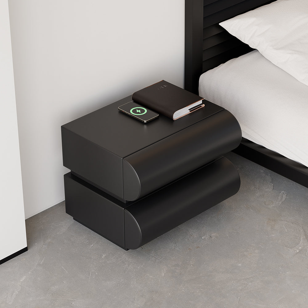 Modern Black Leather Smart Nightstand with Wireless Charger 2 Drawers Bedside Table with USB & Type-C Ports