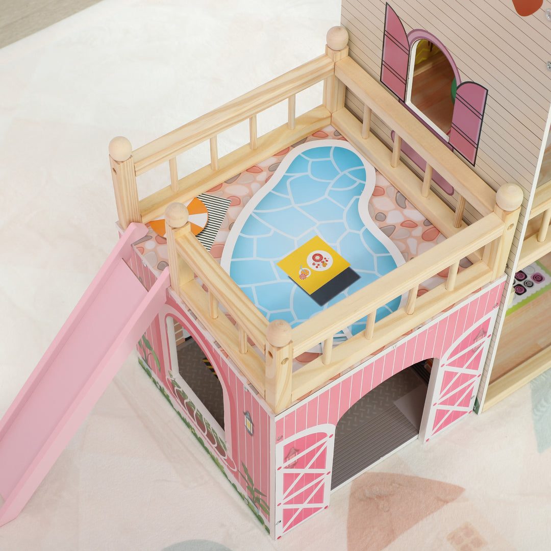 3 Storey Dolls House Play Set with 13 Pieces Wooden Furniture and Accessories for 3-6 Years