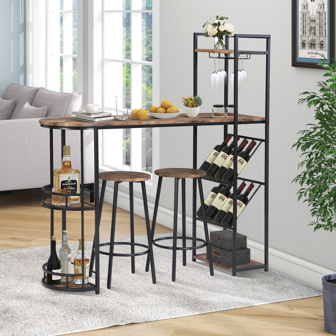 3 Piece Industrial Bar Table Set with Wine Rack and Side Storage