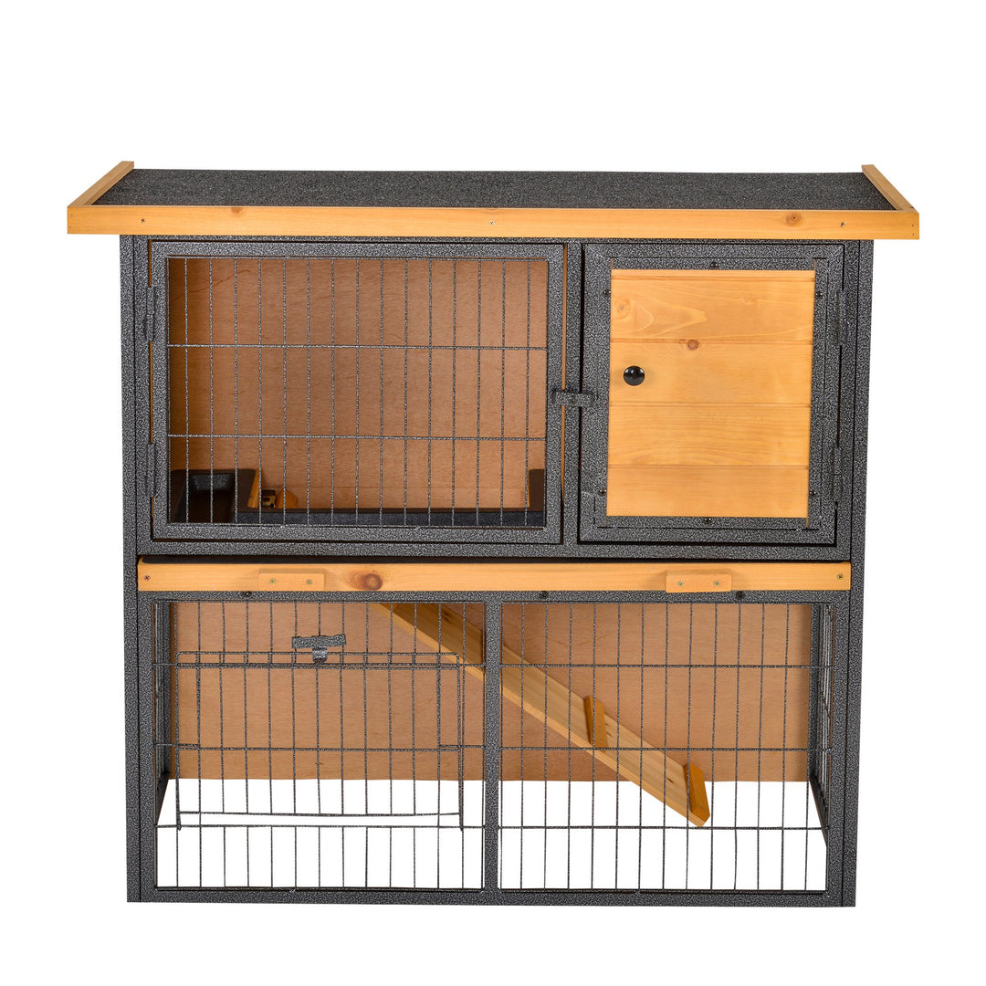 Wood-metal Guinea Pigs Hutches Elevated Pet House Bunny Cage with Slide-Out Tray Asphalt Openable Roof Lockable Door Outdoor