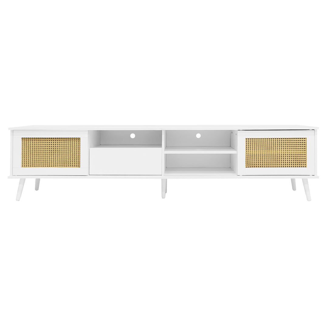 Modern Oak Rattan TV Cabinet Stand with 3 Open Storage Spaces and Cable Management