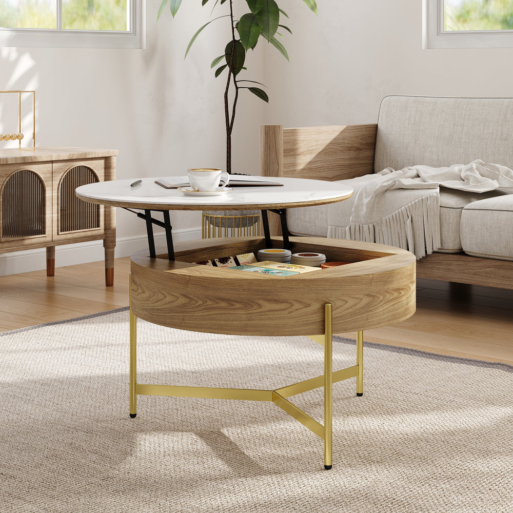 Round Lift-Top Coffee Table with Storage White & Natural without Stools