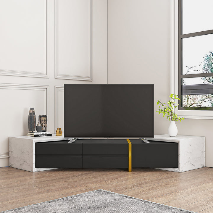 1300mm to 2200mm Extendable TV Stand White & Black Corner Media Console with 2 Drawers