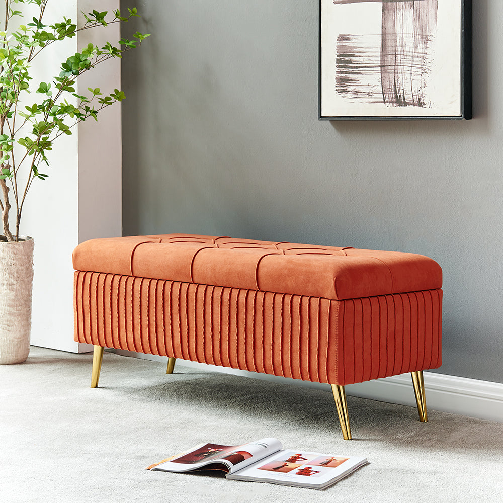 Modern Velvet Storage Bench Flip Top in Orange