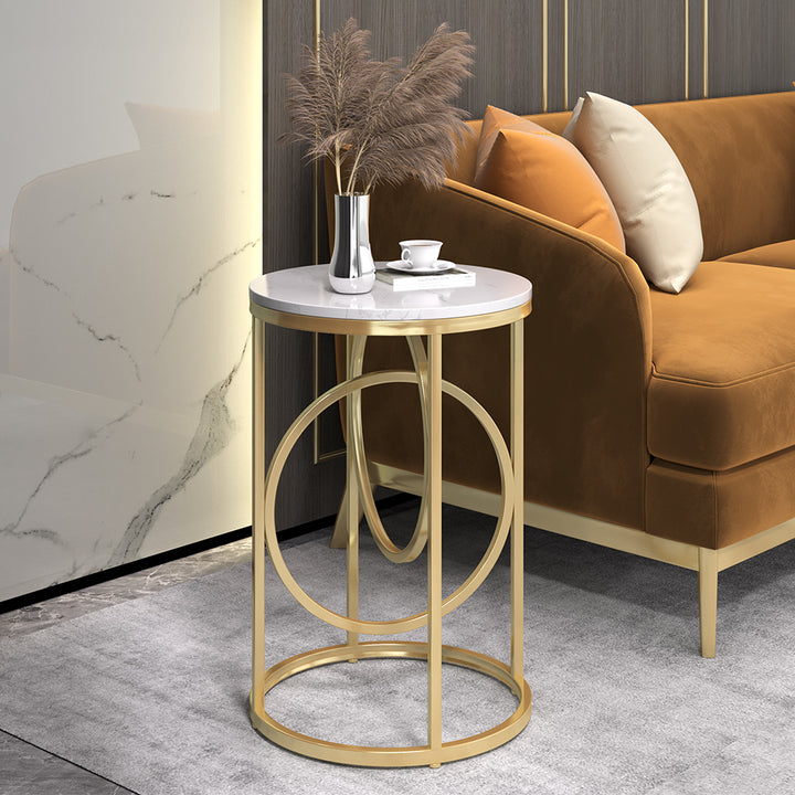 Round Marble Top End Table Modern White Side Table with Metal Frame in Gold Round 2-Piece Nesting Set Sintered Stone Top White Coffee Table