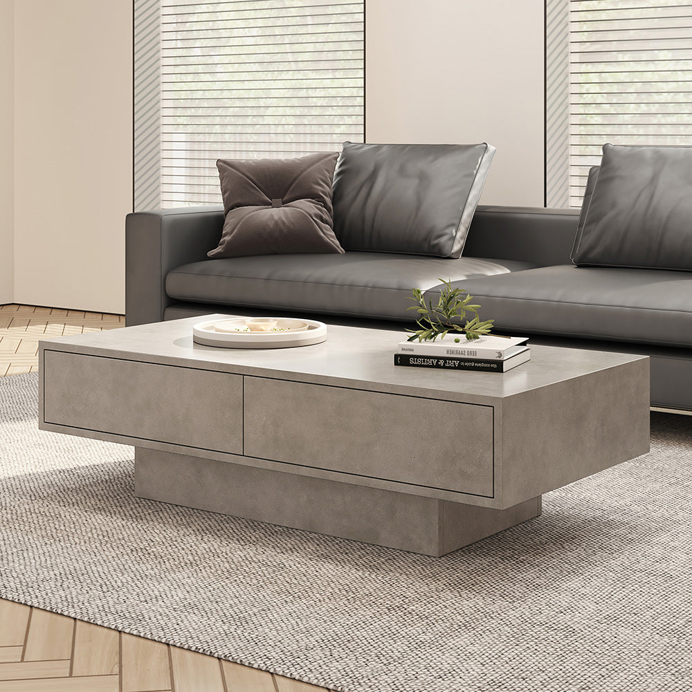 Japandi Rectangle Concrete Grey Coffee Table with 2 Drawers & Open Storage