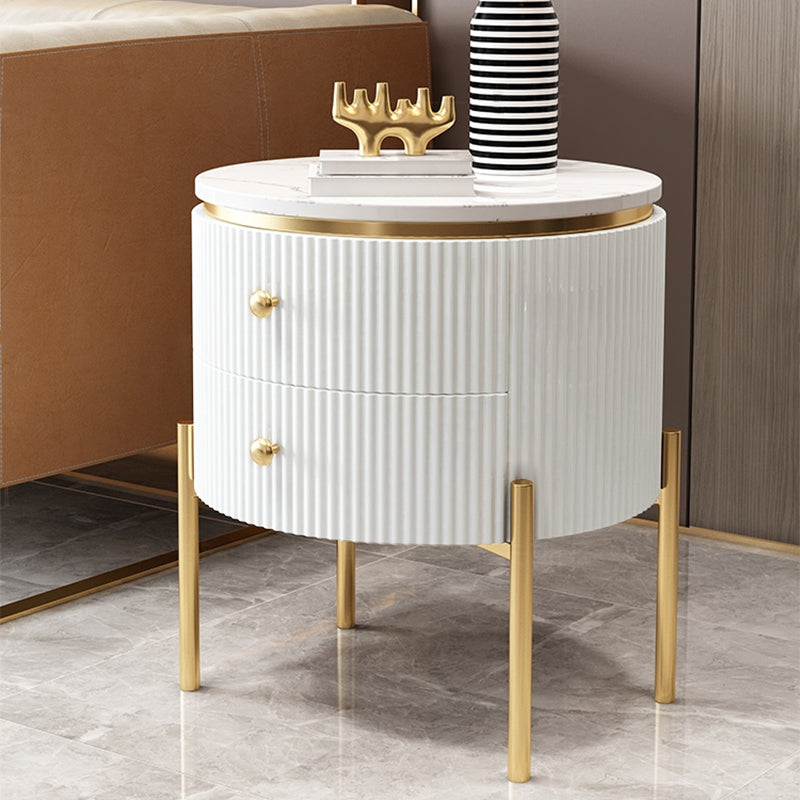 Yelly Modern Round End Table With Storage Drawers White Faux Marble Side Table Gold Legs