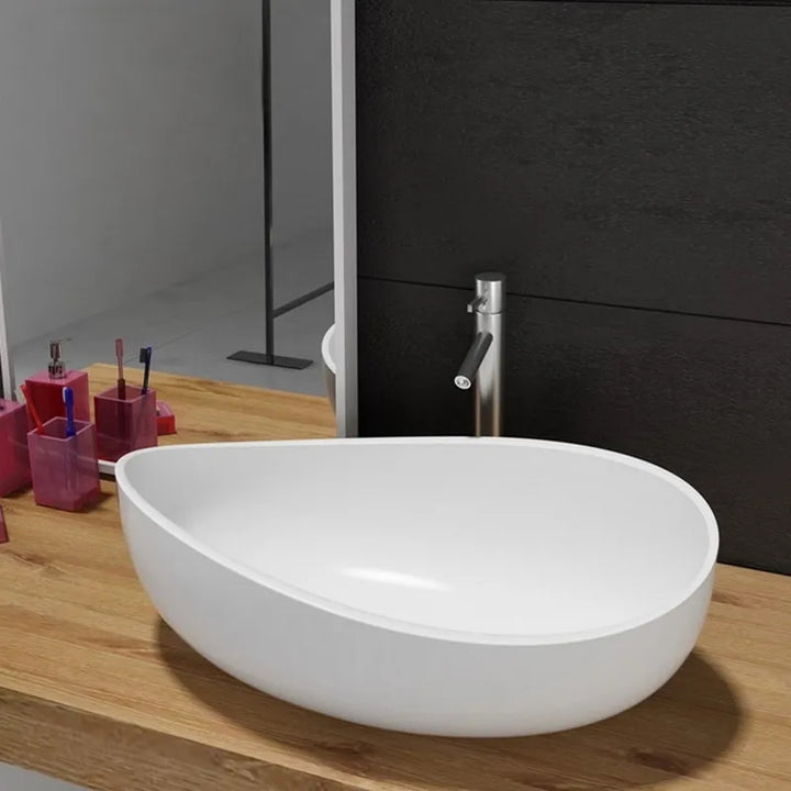 Bathroom Stone Resin Oval Counter Top Basin Glossy White with Pop Up Waste