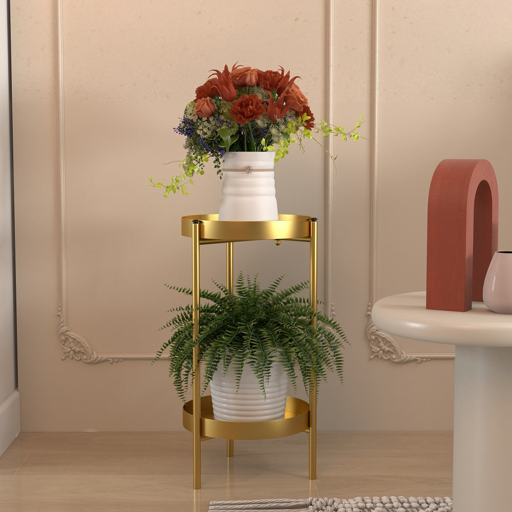 Round Metal Plant Stand 2-Tiered Gold Plant Pot Stand for Indoor in Small