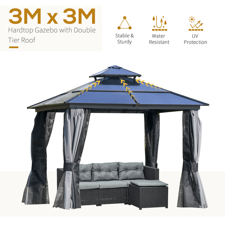 3 x 3(m) Polycarbonate Hardtop Gazebo Canopy with Double-Tier Roof and Aluminium Frame