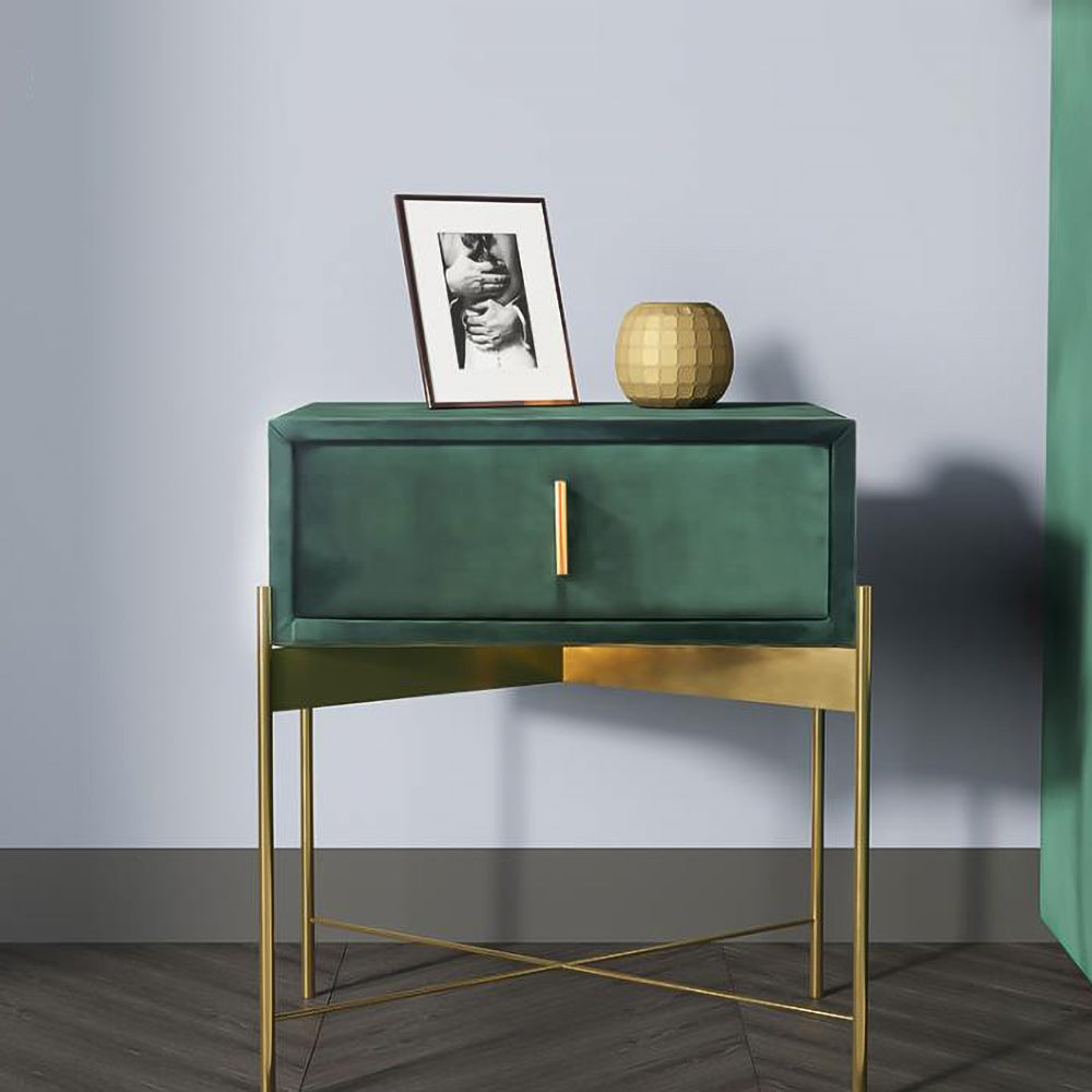 Green Bedroom Bedside Table with Drawer Velvet Upholstered and Stainless Steel Base