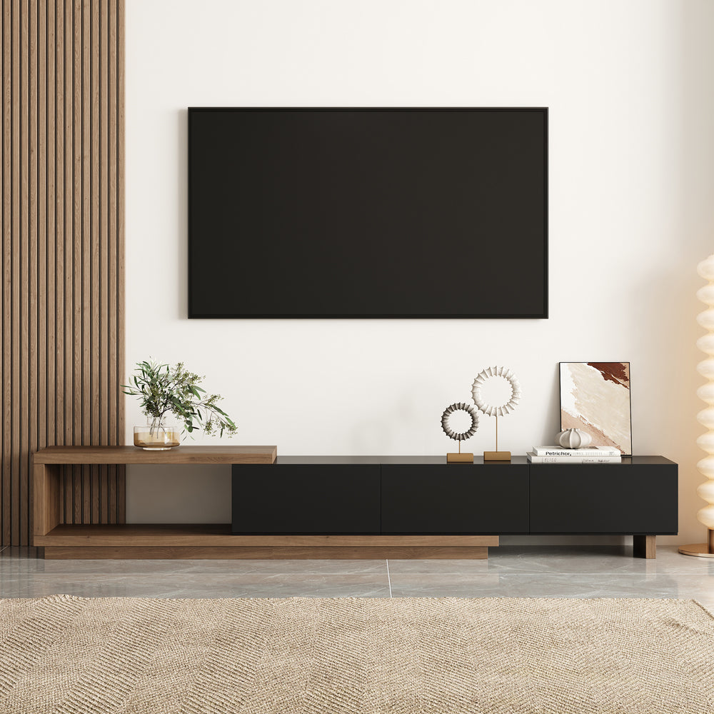 Homary Quoint 100.4" Modern Black TV Stand Retracted & Extendable 3-Drawer Media Console Walnut