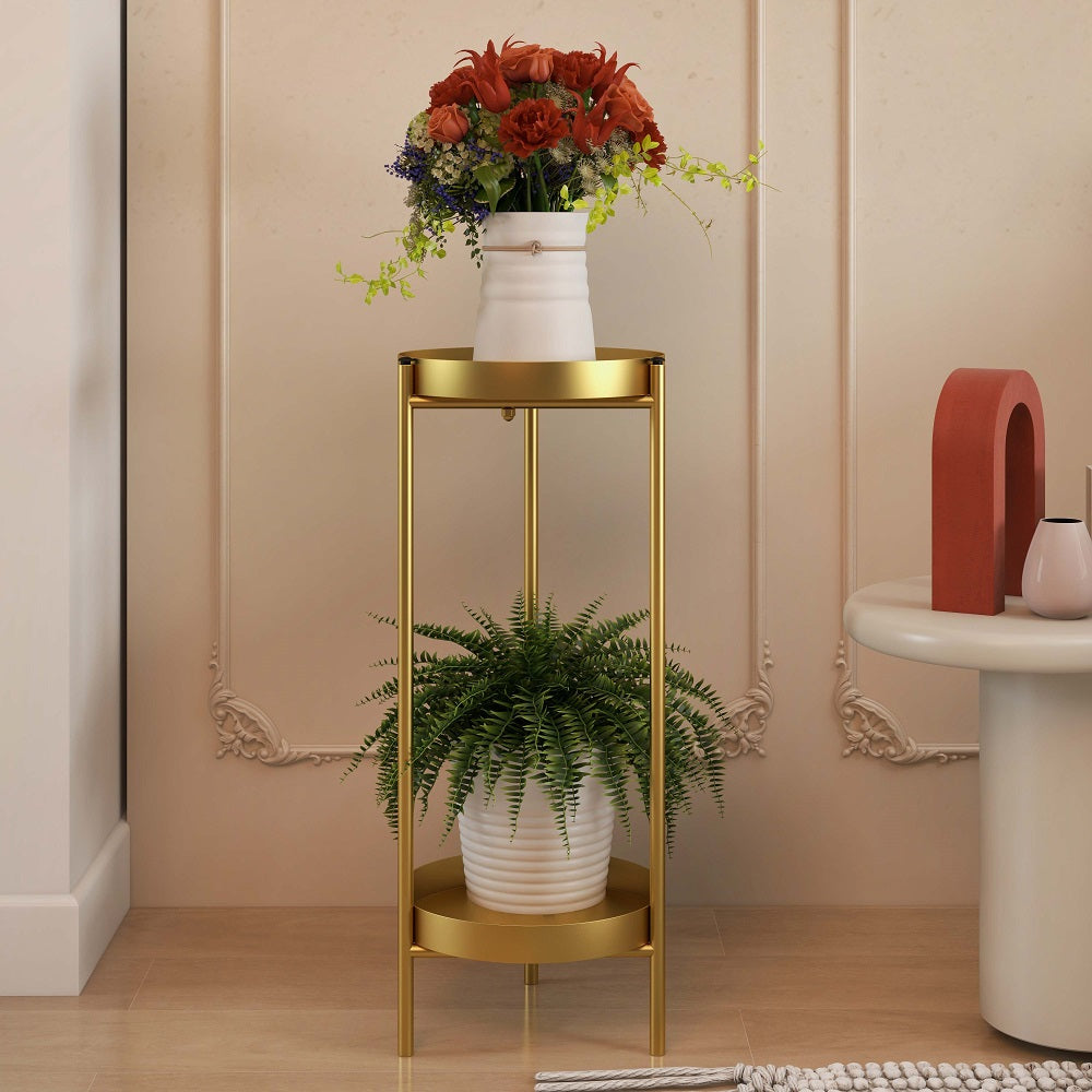 Round Metal Plant Stand 2-Tiered Gold Plant Pot Stand for Indoor in Large