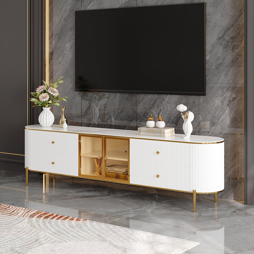 Yelly Modern White TV Stand with Oval Marble Top & Tempered Glass Doors Media Console