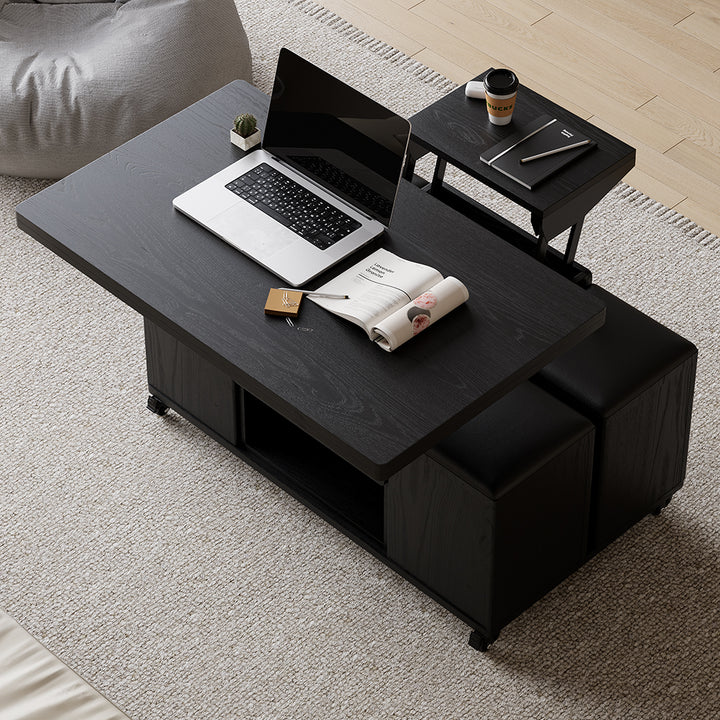 Modern Black Lift Top Coffee Table 4 in 1 with Storage Ottoman Foldable and Casters Transforming Into Dining Table