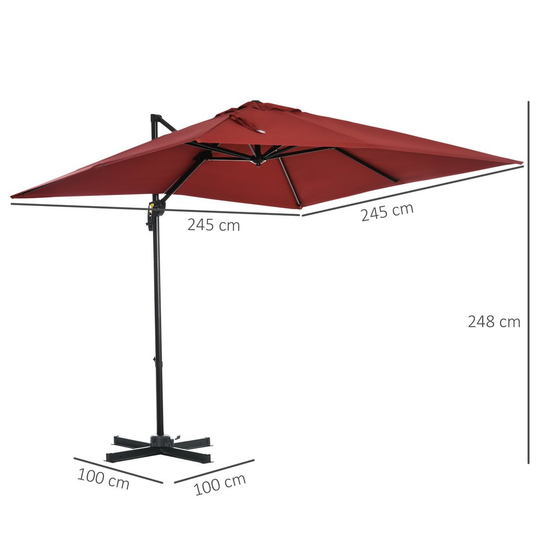 2.5x2.5m Patio Offset Parasol Umbrella Cantilever Hanging Aluminium Sun Shade Canopy Shelter 360°Rotation w/Crank Handle Cross Base Wine Red