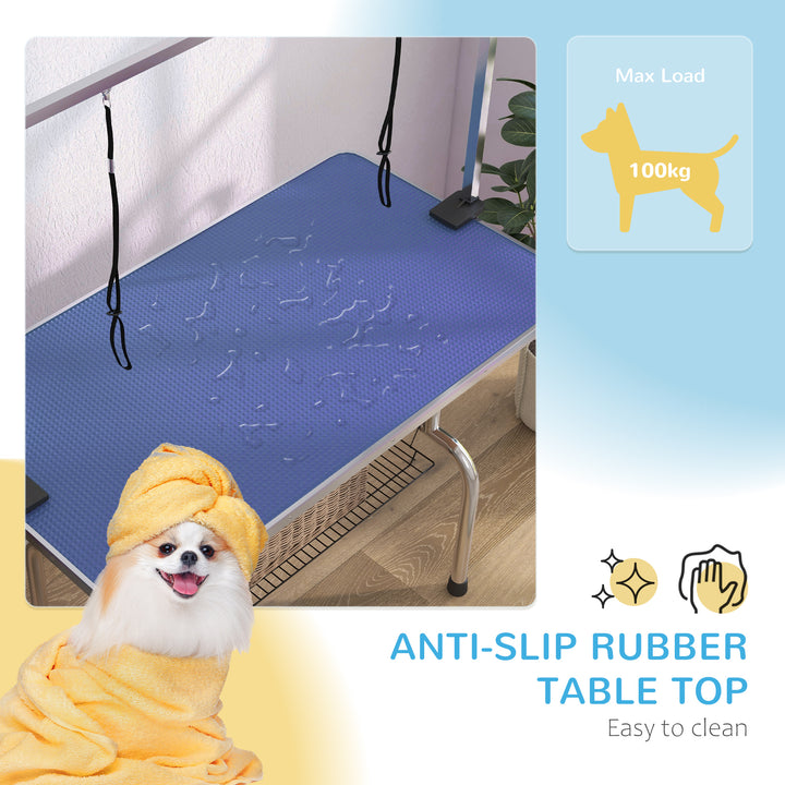 Adjustable Dog Grooming Table Rubber Top 2 Safety Slings Mesh Storage Basket Heavy Metal Blue 107 x 60 x 170cm